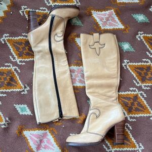 Vintage 60s 70s Tan Leather Heel Knee High Go Go Boho Hippie Boots 6.5